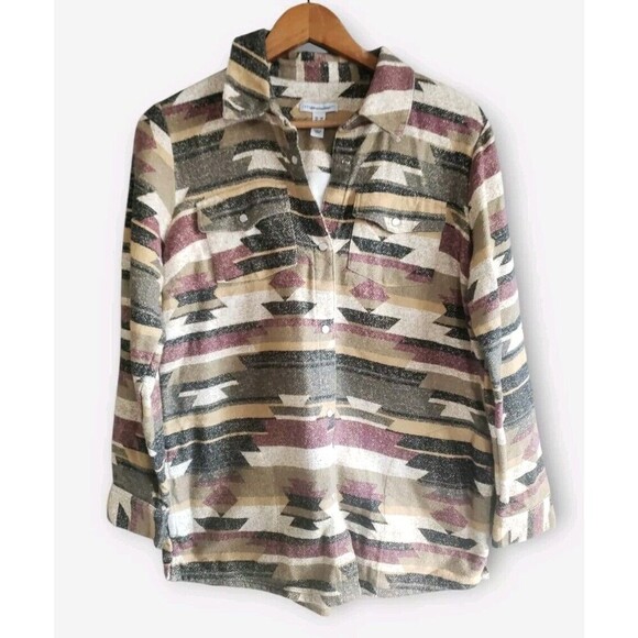 Canyon Retreat Top Womens Small Brown Aztec Tribal Flannel Shacket Pearl Button - Picture 1 of 7